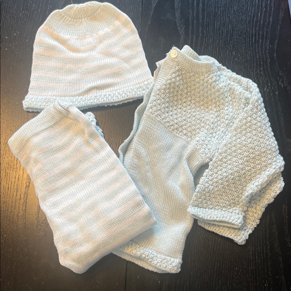 Soft Knit Baby Set in Pale Blue - Hat, Cardigan & Pants